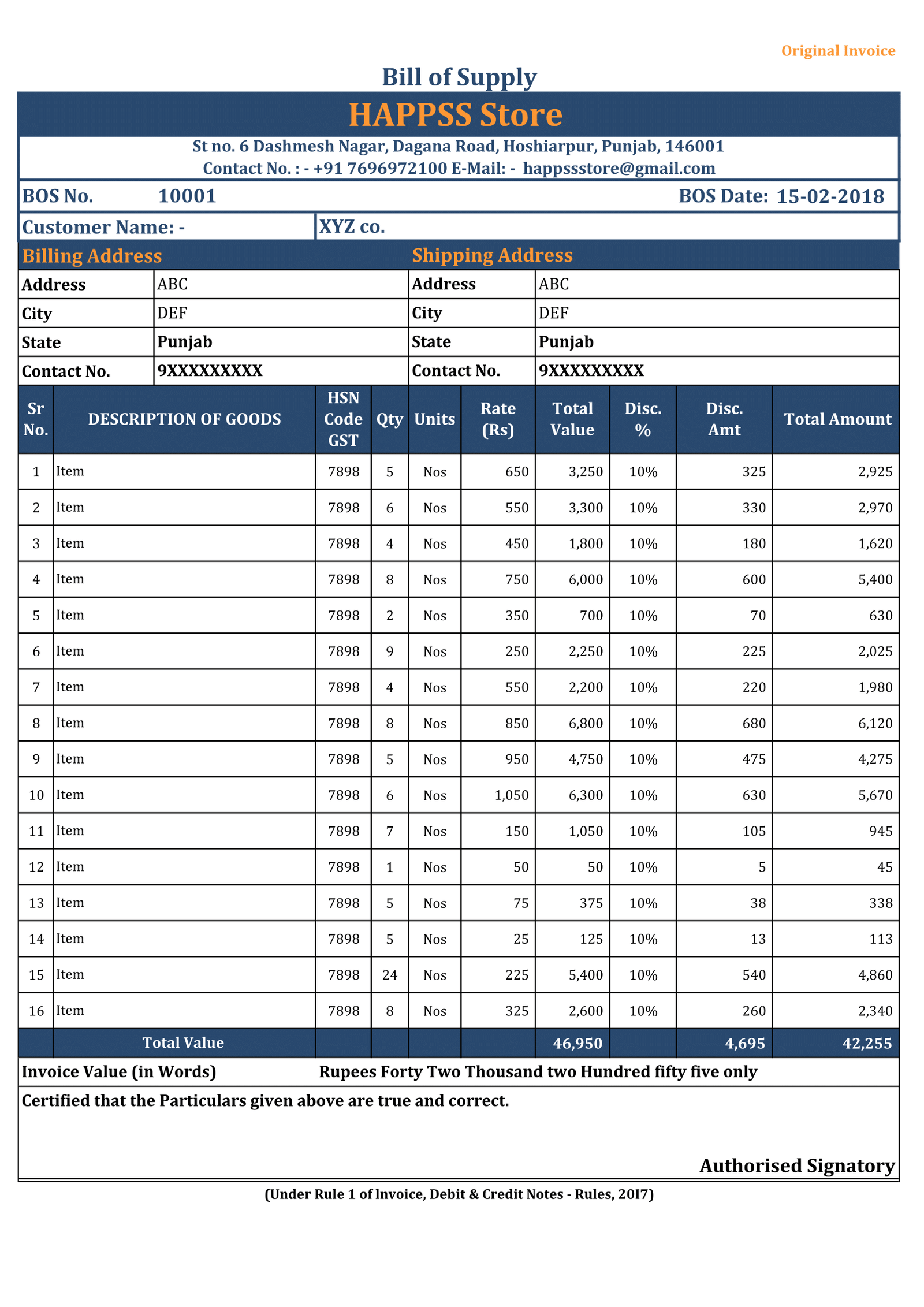 Bill of Supply under GST