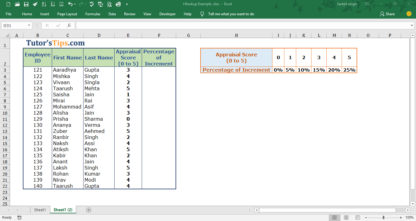 Example of HLOOKUP Formula