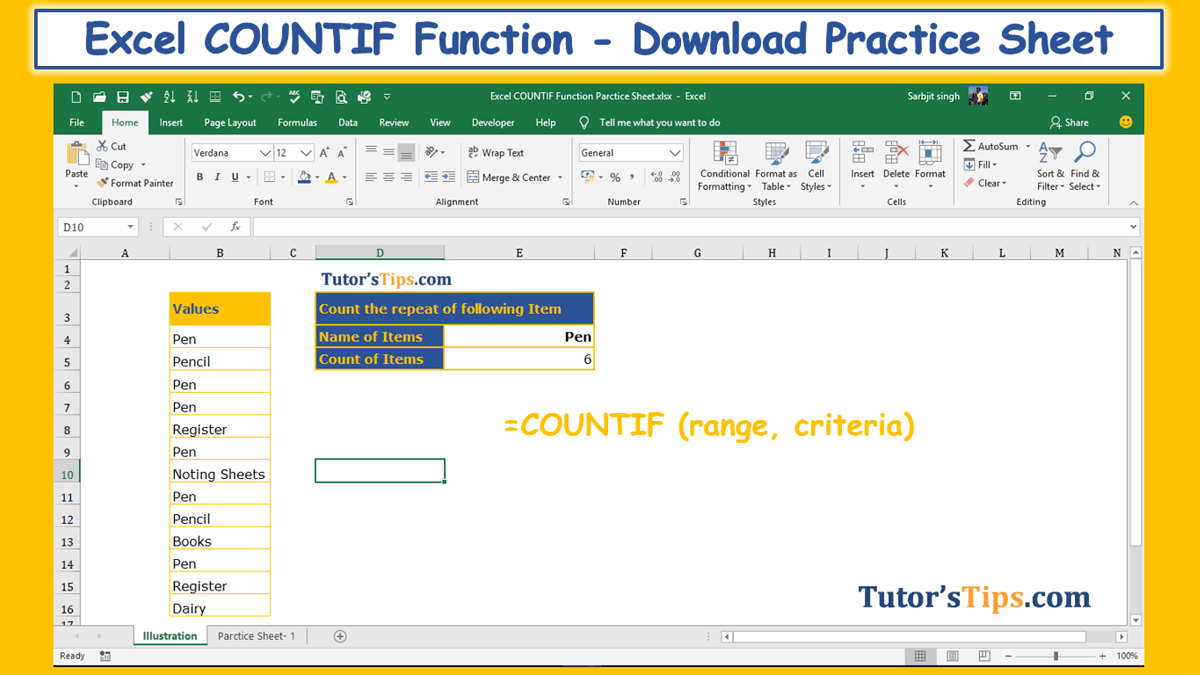 COUNTIF Excel Function - Download Practice Sheet
