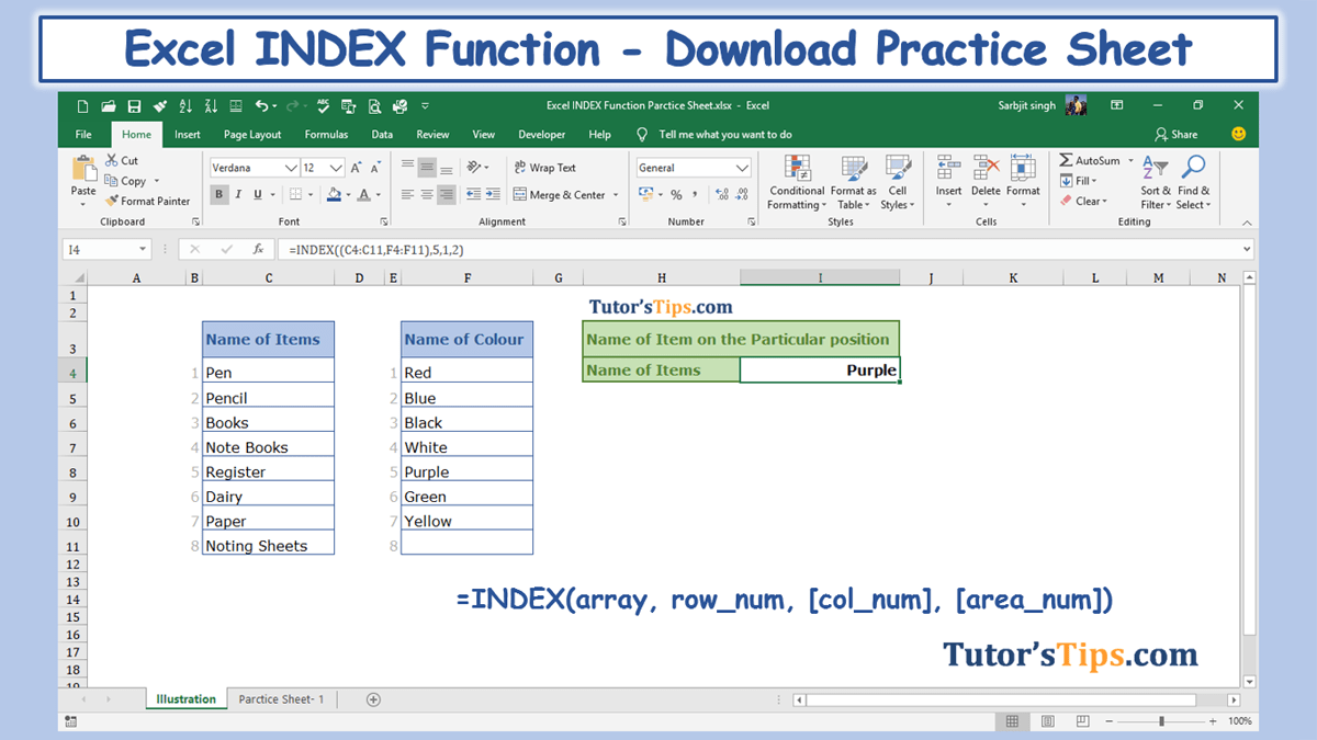 Excel Index Function - Download Practice Sheet