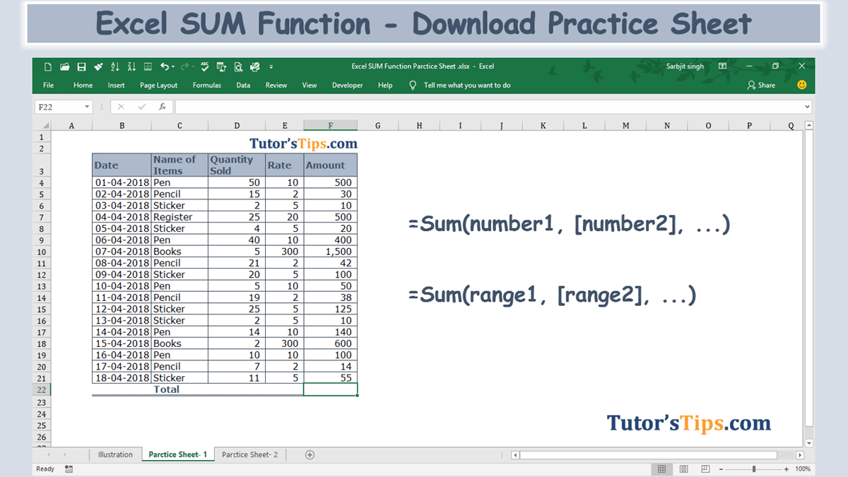 Excel Sum Formula - Download Practice Sheet