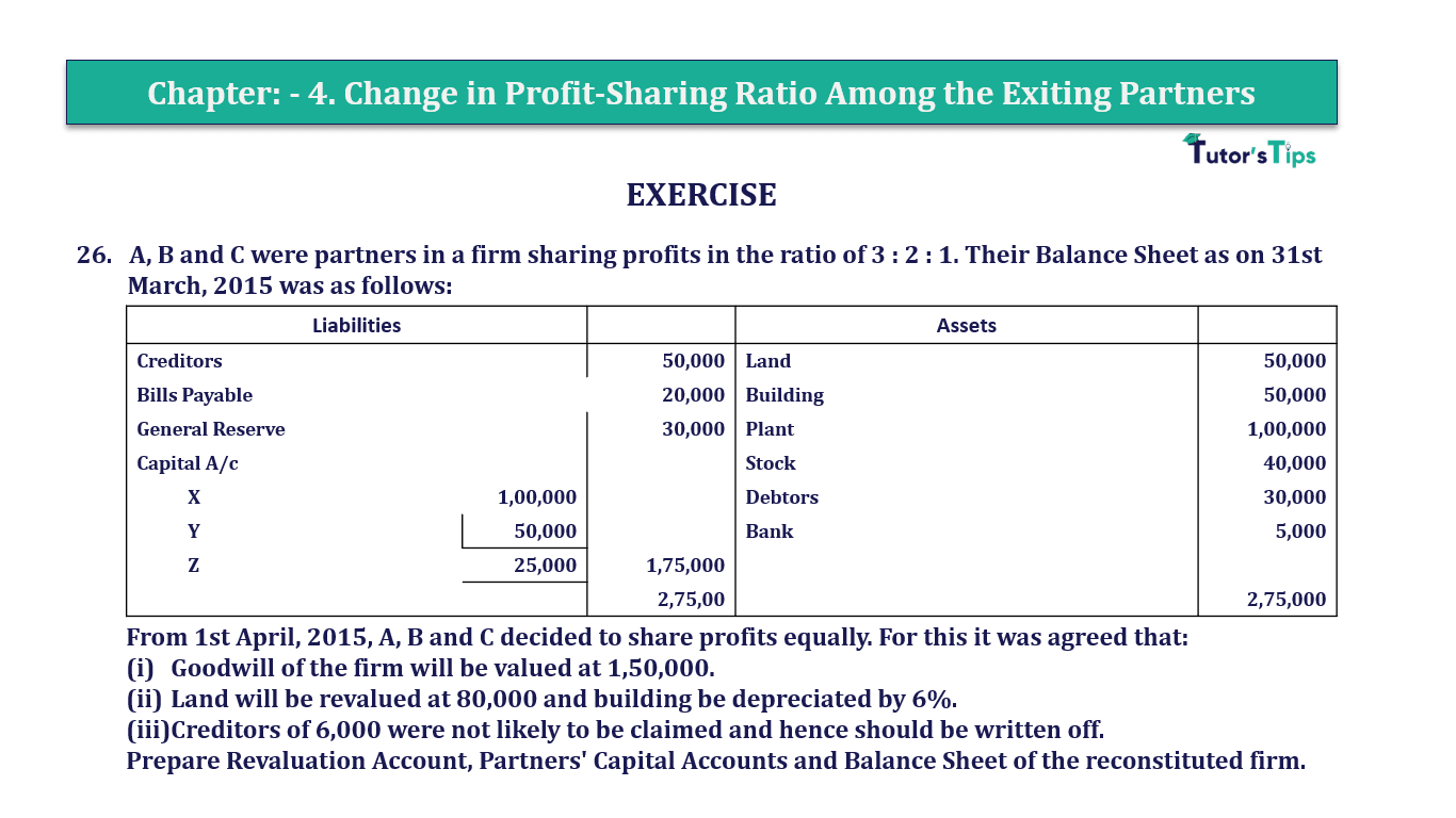 Q.No.26 | Chapter 4 – Change in Profit-Sharing Ratio Among the Exiting Partners | T.S. Grewal 12 Class Book Keeping Part - A - Vol. 1