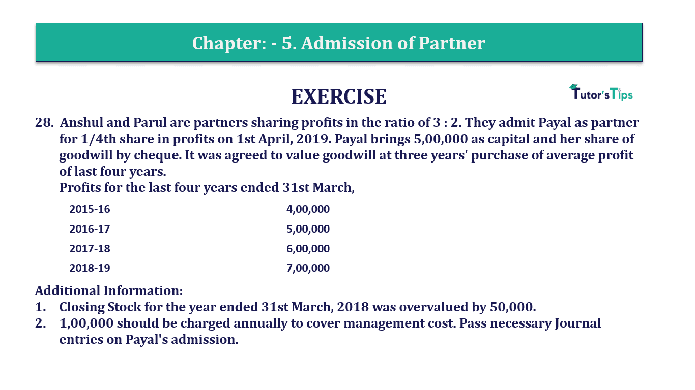 Q.No.28 | Chapter 5 – Admission of Partner | T.S. Grewal 12 Class Book Keeping Part - A - Vol. 1