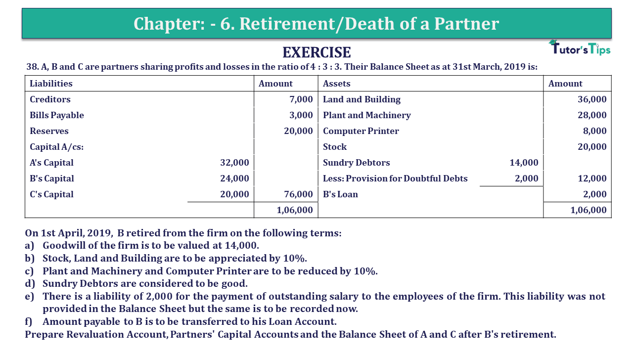 Q.No.38 | Chapter 6 – Retirement/Death of a Partner | T.S. Grewal 12 Class Book Keeping Part - A - Vol. 1
