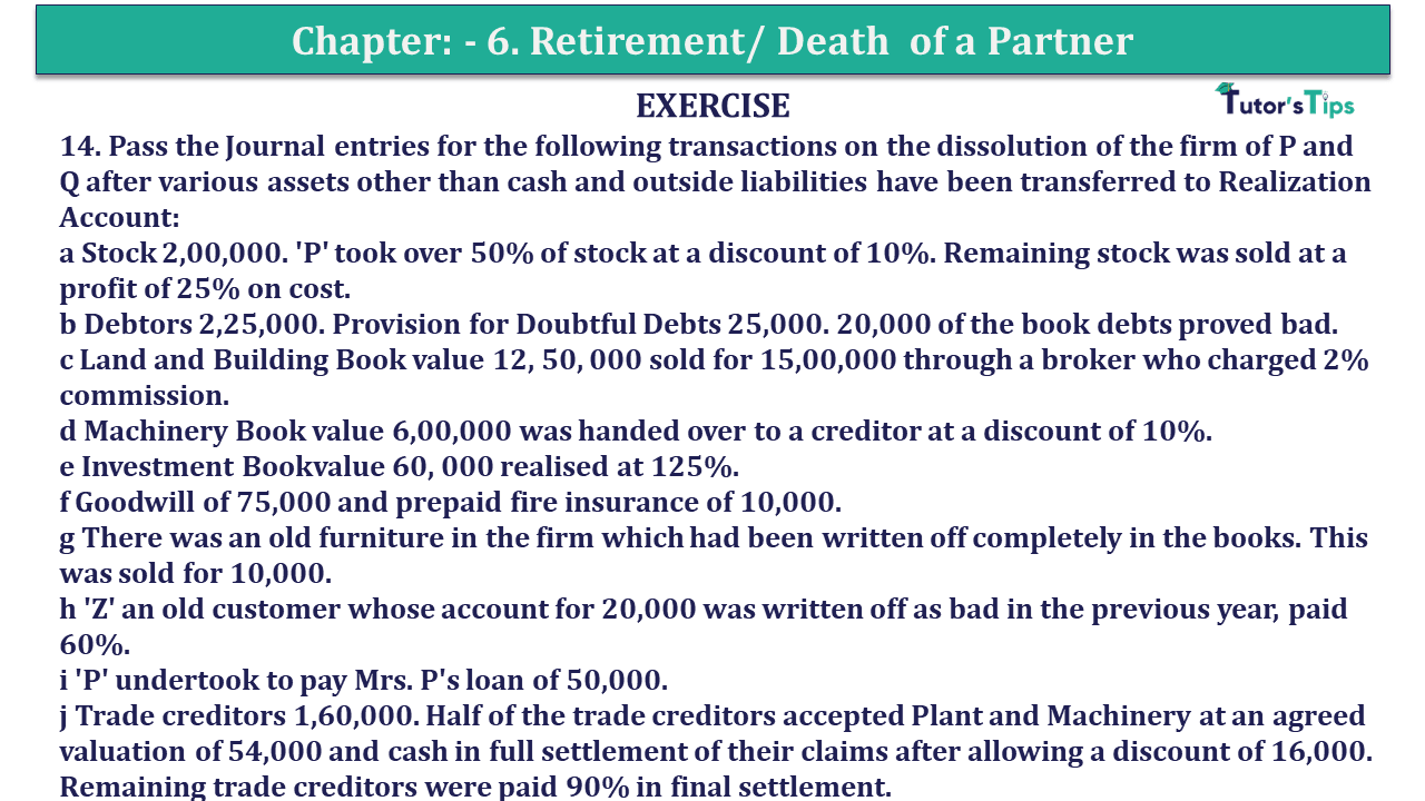 Q.No.14 | Chapter 7 – Dissolution of a Partnership Firm | T.S. Grewal 12 Class Book Keeping Part - A - Vol. 1
