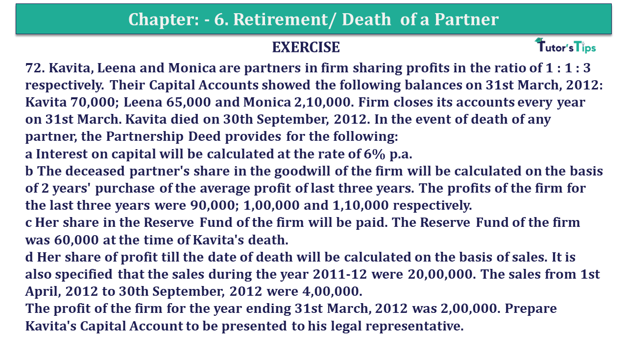Q.No.72 | Chapter 6 – Retirement/Death of a Partner | T.S. Grewal 12 Class Book Keeping Part - A - Vol. 1