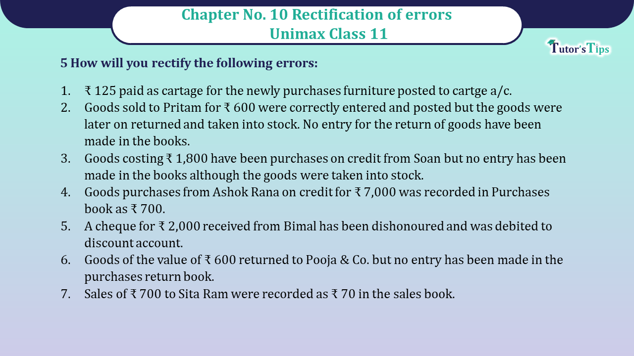 Question No 5 Chapter No 10 - Unimax 11 Class