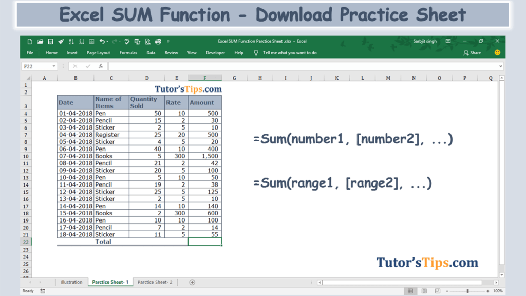 Excel Sum Formula Download Practice Sheet Tutors Tips 8670